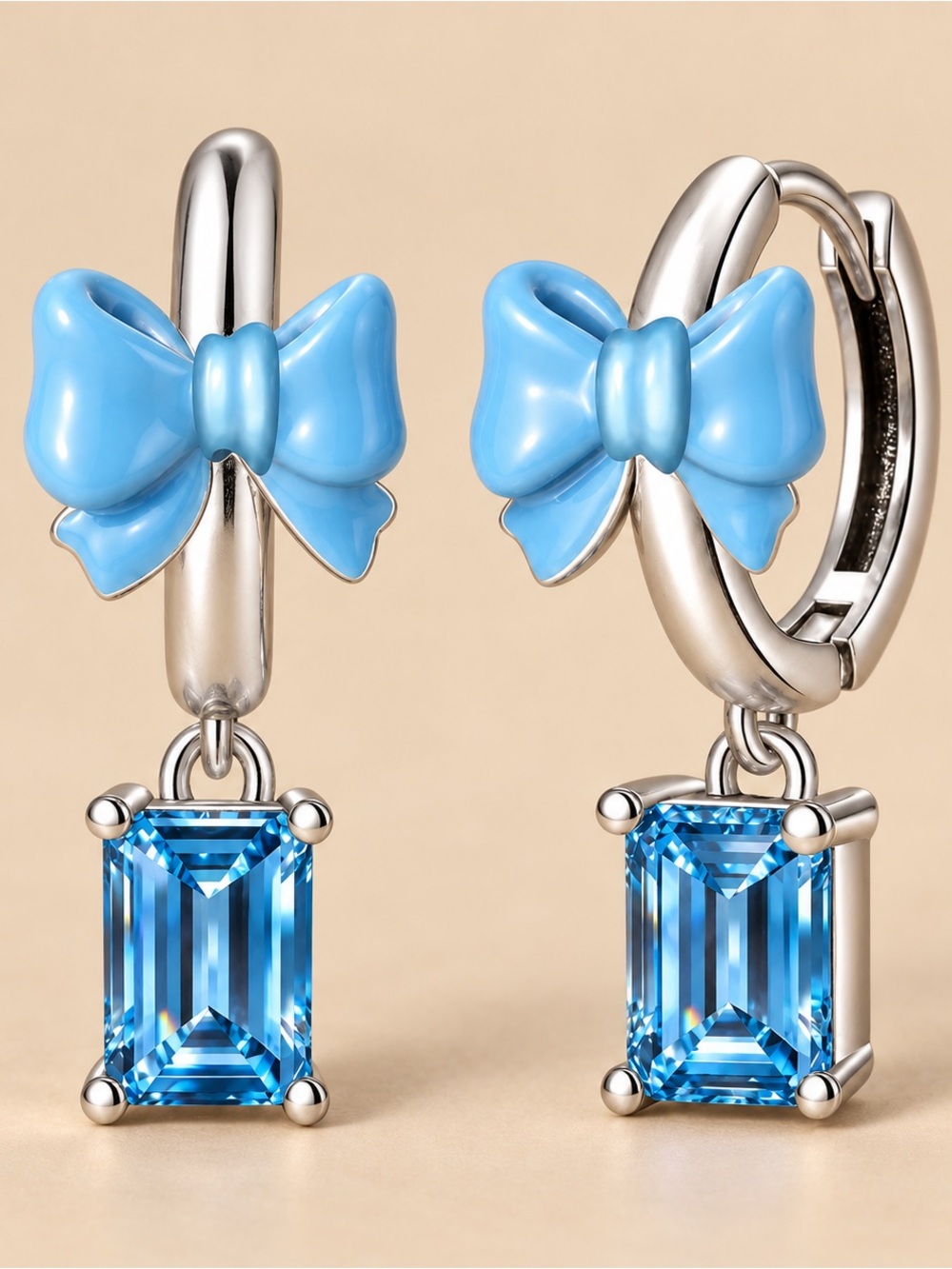 Blue Bow Drop Earrings with Blue Gemstone